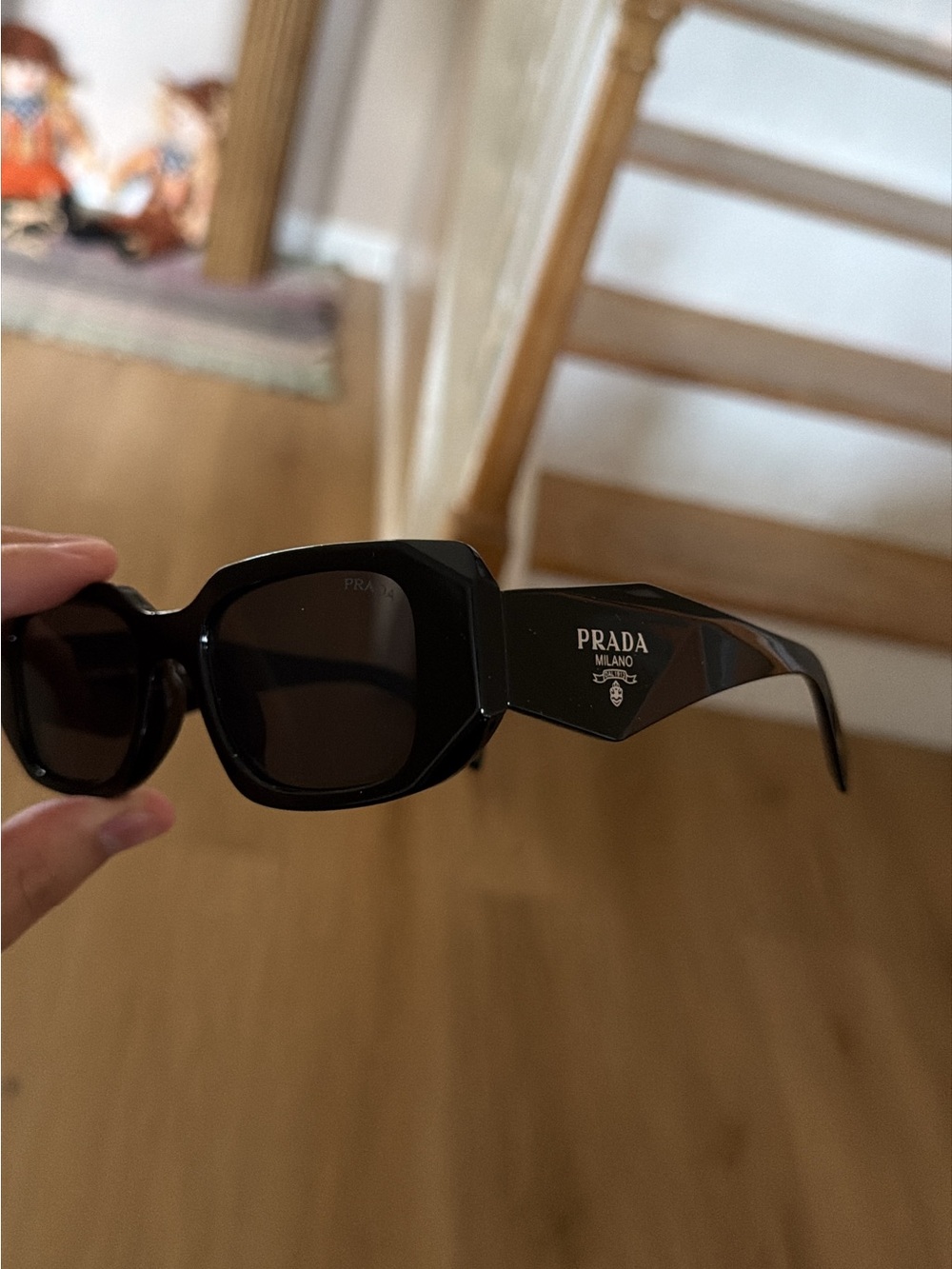 Prada Black Rectangular Women's Sunglasses with Logo Temples